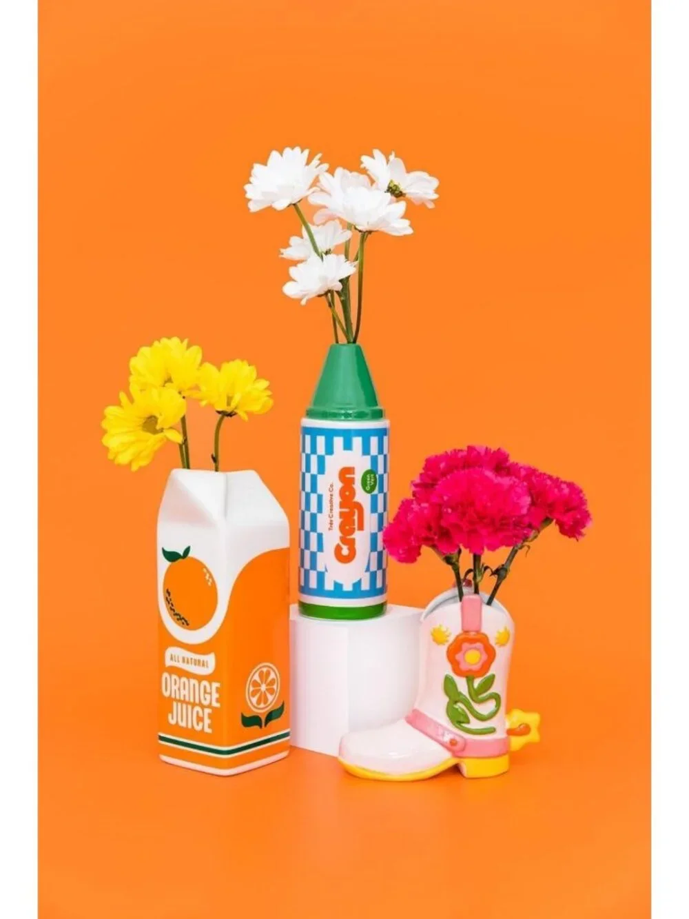 Retro-Inspired Ceramic Flower Vase - Fun OJ Carton Design for Home Decor
